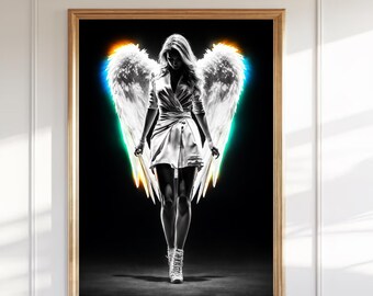 Neon Engel Flügel Wandbild, schwarz weißer Schutzengel Portrait (Digitaler Download)