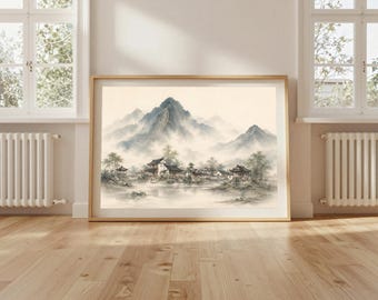 Chinesische Landschaft Wand Kunst, Asiatisch Bergdorf Aquarell Druck, Zen Malerei, Orientalische Wohnkultur, digitaler Download