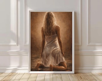 Kneeling Woman Art Print – Sensual Back View, Romantic Figurative Painting (Digital Download)