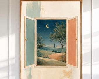 Tuscan Window Moonlit Landscape Wall Art, Vintage Italian Countryside Print, Crescent Moon Night Sky Painting, Rustic Farmhouse Decor