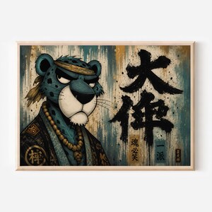 May include: A framed wall art print featuring a blue leopard character wearing a gold headband and beaded necklace, dressed in a dark patterned robe. The background displays distressed blue and gold paint textures with large black Japanese calligraphy.