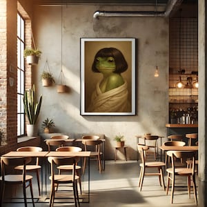 A humorous vintage-style portrait of a green frog with a straight-cut dark brown bob haircut, wrapped in a beige robe, painted in soft classical tones with a warm brown background.