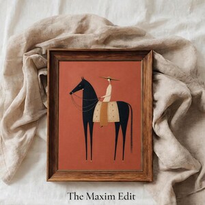 Folk art print of a figure in a wide-brim hat riding a tall dark horse with a tan saddle blanket on a warm terracotta background, vertical mid century equestrian wall art.