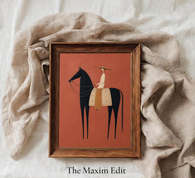 Folk art print of a figure in a wide-brim hat riding a tall dark horse with a tan saddle blanket on a warm terracotta background, vertical mid century equestrian wall art.