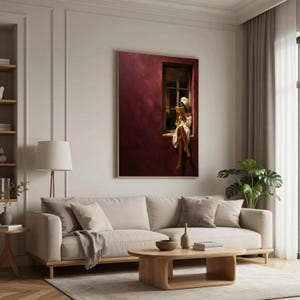 Painting of a Black woman in a white towel reading a golden book on a sunlit windowsill against a deep burgundy wall, moody figurative wall art print.