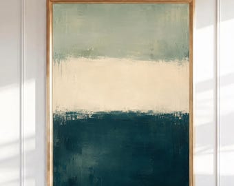 Abstrakte Ozean Horizon Wandkunst, minimalistischer Küstendruck, marineblaue Salbei grüne Crememalerei, moderne Seelandschaft digitaler Download