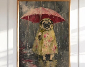 Mops im Regenmantel Gemälde, Original Gemälde, Roter Regenschirm Mops Druck, Lustiges Haustier Porträt, Niedliches Kinderzimmer Dekor, Regentag Tier Kunst