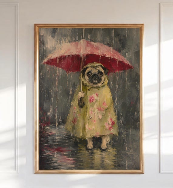 Pug in Raincoat Painting, Whimsical Dog Wall Art, Red Umbrella Pug Print, Funny Pet Portrait, Cute Nursery Decor, Rainy Day Animal Art