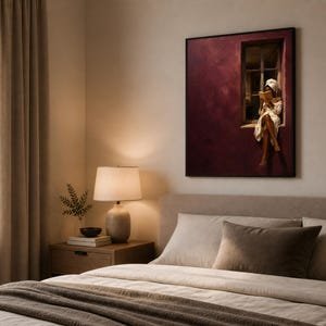 Painting of a Black woman in a white towel reading a golden book on a sunlit windowsill against a deep burgundy wall, moody figurative wall art print.