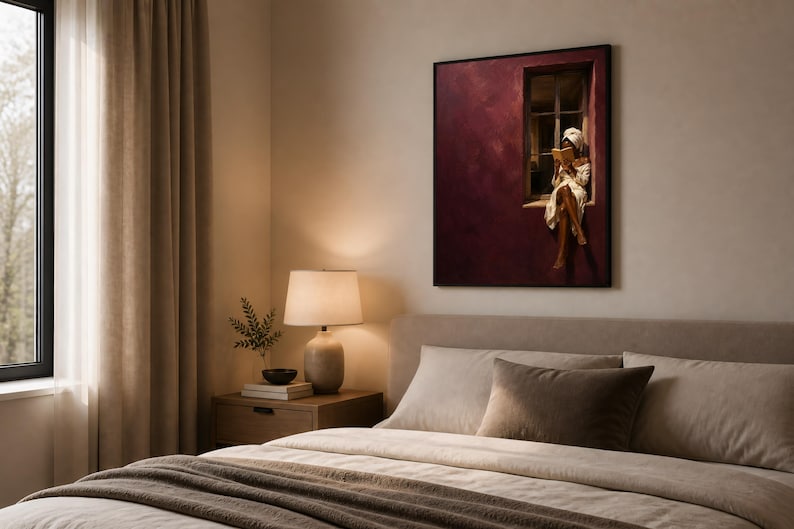 Painting of a Black woman in a white towel reading a golden book on a sunlit windowsill against a deep burgundy wall, moody figurative wall art print.