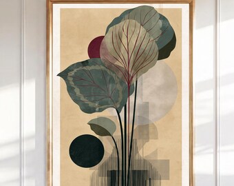 Calathea Botanical Wall Art, Mid-Century Modern Plant Print, Abstract Leaf Poster, Boho Living Room Decor, Sage Green Home Art
