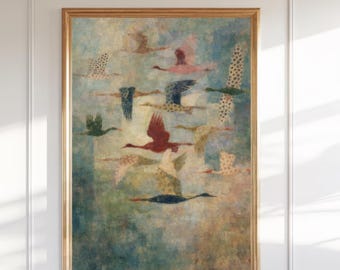 Abstrakte fliegende Vögel Wandkunst, Verträumtes Pastellbild (Digitaler Download)