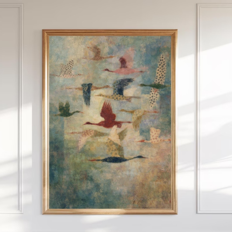 A soft abstract painting of multiple birds flying across a pastel blue and cream sky with textured brushwork and muted earthy tones.