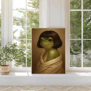 A humorous vintage-style portrait of a green frog with a straight-cut dark brown bob haircut, wrapped in a beige robe, painted in soft classical tones with a warm brown background.