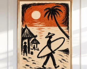 Vintage Surfer Wandkunst, Küsten bei Sonnenuntergang, tropische Strandhütte Volkskunst, Boho Surf Decor, orange Surfbrett Skizze Poster
