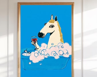 面白い馬の入浴プリント、風変わりなワインバスタブ動物アート（デジタルダウンロード）