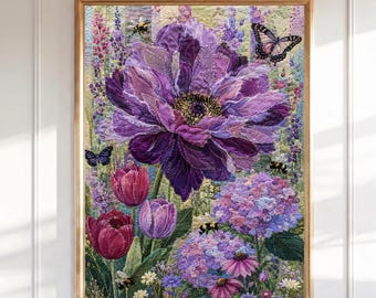 Arte de parede com peônia roxa, estampa floral com borboletas, decoração de parede para jardim botânico, impressão de arte têxtil, pôster de flores silvestres estilo cottagecore, arte com abelhas