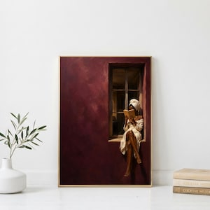 Painting of a Black woman in a white towel reading a golden book on a sunlit windowsill against a deep burgundy wall, moody figurative wall art print.
