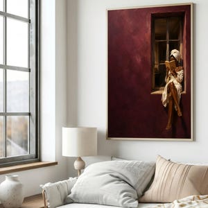 Painting of a Black woman in a white towel reading a golden book on a sunlit windowsill against a deep burgundy wall, moody figurative wall art print.