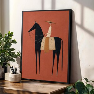 Folk art print of a figure in a wide-brim hat riding a tall dark horse with a tan saddle blanket on a warm terracotta background, vertical mid century equestrian wall art.