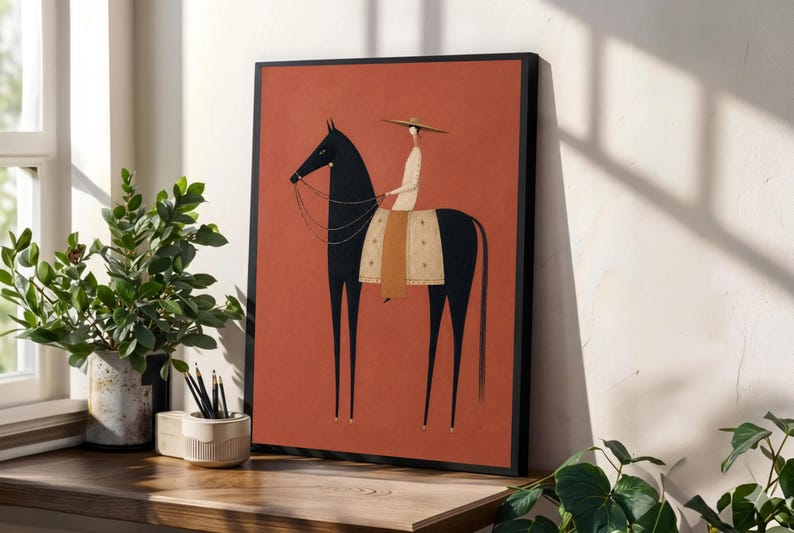 Folk art print of a figure in a wide-brim hat riding a tall dark horse with a tan saddle blanket on a warm terracotta background, vertical mid century equestrian wall art.