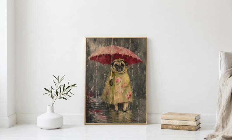 Whimsical painting of a pug wearing a yellow floral raincoat and holding a red umbrella in the rain, with a moody gray painterly background.