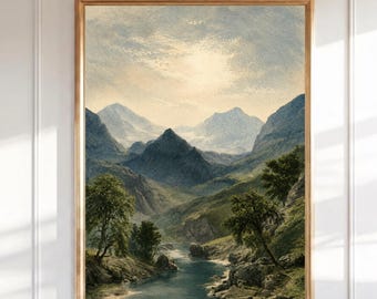 Vintage Berglandschaft Wandkunst, antikes Flusstal Druck, stimmungsvolle Natur Aquarell, rustikale Bauernhaus Wohnkultur
