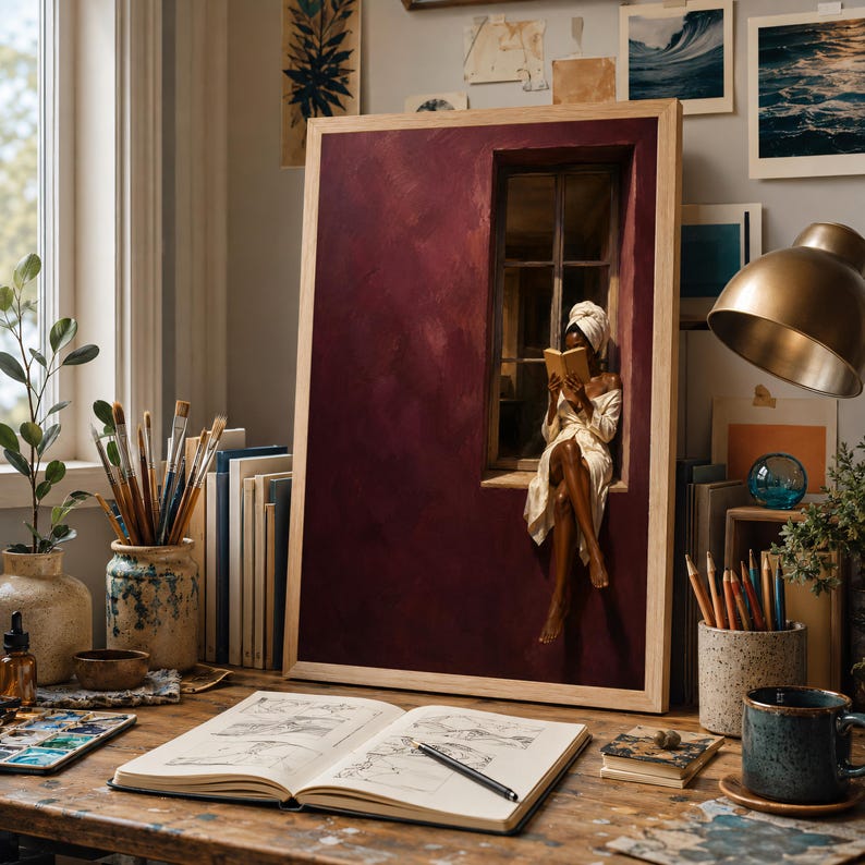 Painting of a Black woman in a white towel reading a golden book on a sunlit windowsill against a deep burgundy wall, moody figurative wall art print.