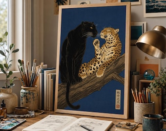 Black Panther and Leopard Wall Art, Japanese Ukiyo-e Big Cat Print, Wildlife Poster, Asian Animal Art, Jungle Cat Home Decor