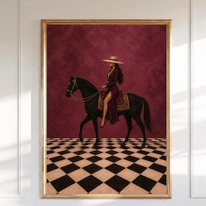Póster imprimible de arte ecuestre para pared: Mujer sobre caballo negro, estampado de moda burdeos, suelo a cuadros surrealista, descarga digital.