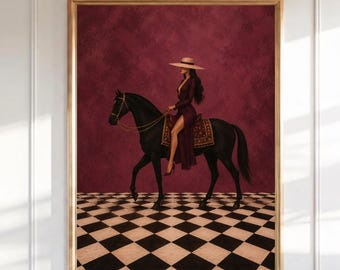 Equestrian Wall Art Woman on Black Horse Burgundy Fashion Print Surreal Checkered Floor Printable Poster Digital Download