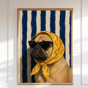 May include: A framed art print featuring a pug wearing black sunglasses and a yellow patterned headscarf. The background has vertical blue and white stripes. The artwork is in a wooden frame.