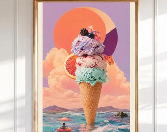 Surreale Eistüte Wandkunst, Retro Sommer Strand Druck, Vintage Collage Poster, Küsten Sonnenuntergang Dekor, Küche Esszimmer Kunst