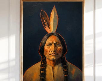 Väggkonst med porträtt av amerikansk indiansk hövding, tryck av inhemsk krigare, dekor av västerländsk sydväst, tribal fjädermålning, rustik väggkonst