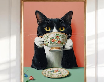 Tuxedo Cat Tea Time Print, Whimsical Floral Teacup Animal Art (Digital Download)