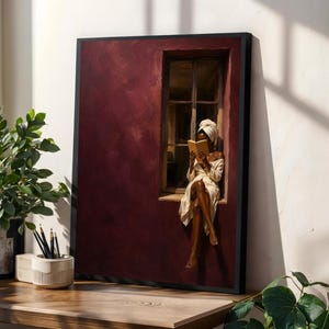 Painting of a Black woman in a white towel reading a golden book on a sunlit windowsill against a deep burgundy wall, moody figurative wall art print.