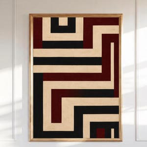 Abstract Geometric Wall Art Print | Bold Red Black Cream Angular Maze Art Deco Minimalist Poster