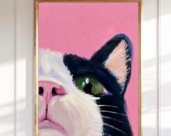 Tuxedo Cat Oil Painting Print, Colorful Pink Portrait, Modern Eclectic Wall Art (Digital Download)