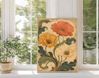 Art Nouveau Poppy Wall Art Printable, Vintage Botanical Floral Print, Antique Style Poppies Digital Download, Boho Home Decor