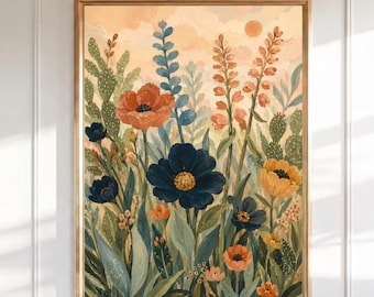 Wildflower Wall Art Print, Boho Botanical Poster, Vintage Floral Watercolor, Navy Blue & Coral Flowers, Cottagecore Meadow Decor
