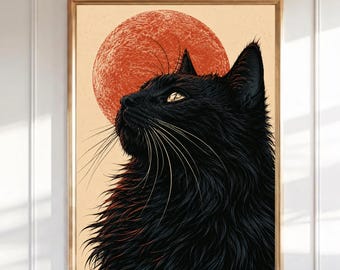 Black Cat Blood Moon Wall Art, Gothic Cat Print, Halloween Decor, Mystical Feline Poster, Witchy Home Art, Moody Cat Illustration