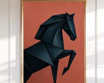 Arte de parede de cavalo origami, impressão geométrica de garanhão preto, pôster equestre moderno, decoração de parede minimalista com animais, arte de cavalo empinando