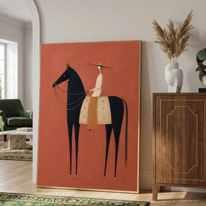 Folk art print of a figure in a wide-brim hat riding a tall dark horse with a tan saddle blanket on a warm terracotta background, vertical mid century equestrian wall art.