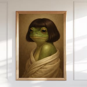 A humorous vintage-style portrait of a green frog with a straight-cut dark brown bob haircut, wrapped in a beige robe, painted in soft classical tones with a warm brown background.