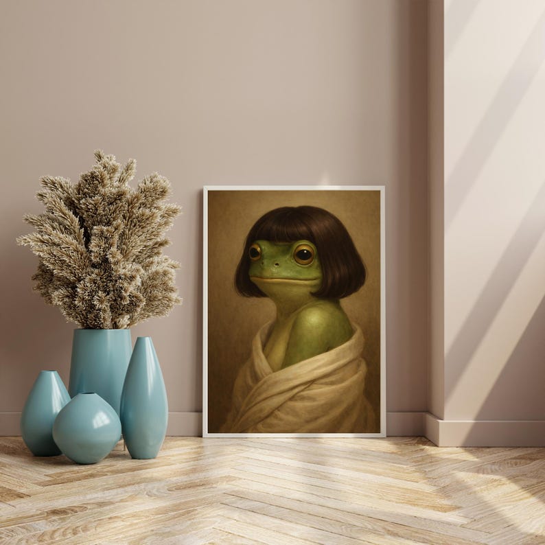 A humorous vintage-style portrait of a green frog with a straight-cut dark brown bob haircut, wrapped in a beige robe, painted in soft classical tones with a warm brown background.