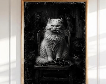 Arte de parede Gato Gangster, Pôster Gato da Máfia com Cigarro e Arma, Impressão de Gato Engraçado em Preto e Branco, Decoração Vintage de Gatinho Chefe da Máfia