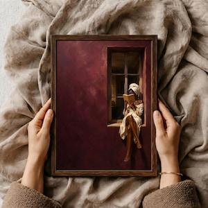 Painting of a Black woman in a white towel reading a golden book on a sunlit windowsill against a deep burgundy wall, moody figurative wall art print.