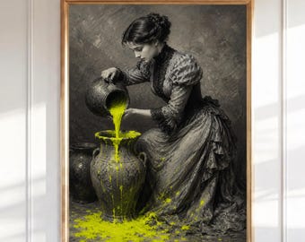 Viktoriansk kvinna som häller neongul väggkonst, surrealistiskt svartvitt porträtttryck, modern gotisk figurativ konst