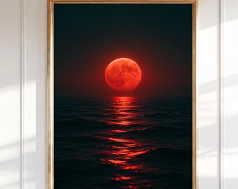 Blutmond Mond Meer Wand Kunst, Roter Mond Druck, dunkle stimmungsvolle Meerlandschaft, himmlische Fotografie Druck, Gothik Wohnkultur, digitaler Download