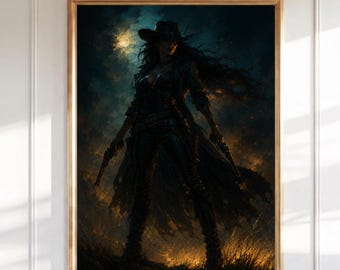 Arte de parede com caubói, estampa western sombria, pôster gótico de cowboy, pintura de pistoleiro melancólico, decoração do Velho Oeste, arte western vintage para imprimir